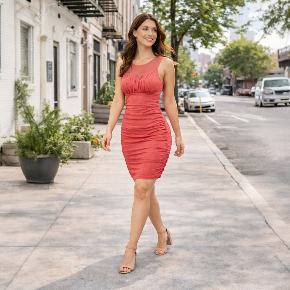 Sparkle Ruched Bodycon Dress | Mesh Top Stardust Tiny Glitter Party Dress Size M